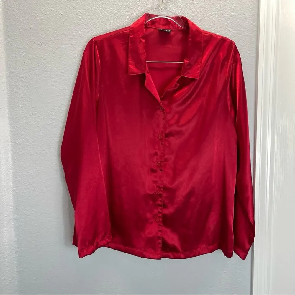 Vintage Fredericks Of Hollywood Satin Pajama‎ Set Red Black Lace 3 Pc Sleepwear